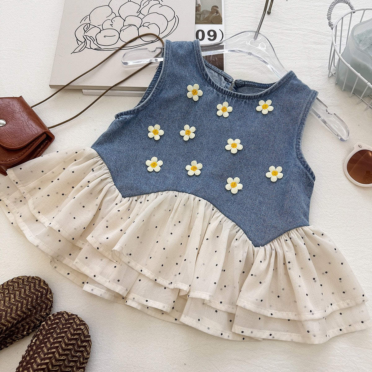 Girls' Denim Set Summer New Style Daisy Polka Dot Tulle Denim Vest and Wide Leg Pants Two-Piece Set - BsBuy