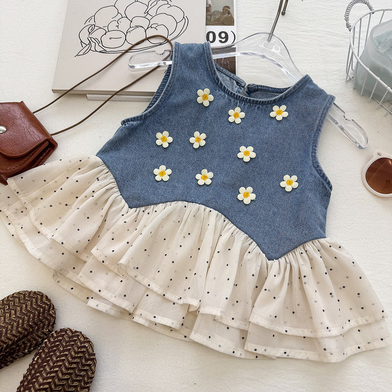 Girls' Denim Set Summer New Style Daisy Polka Dot Tulle Denim Vest and Wide Leg Pants Two-Piece Set - BsBuy