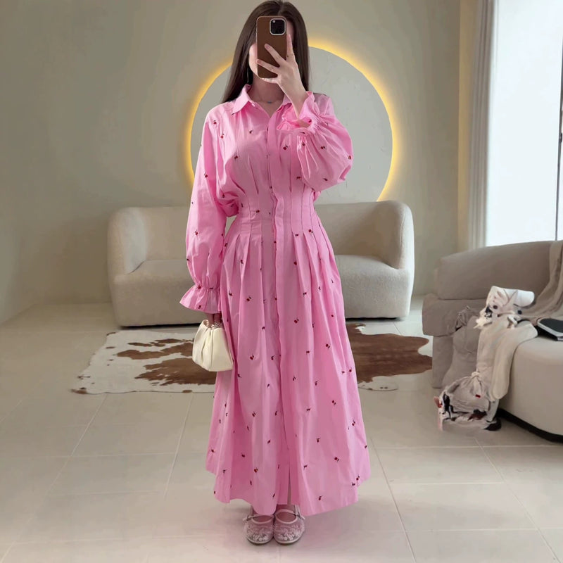 BsBuy Women's Long-Sleeve Lapel Button-Front Floral Midi Dress | A-Line | S–XXL