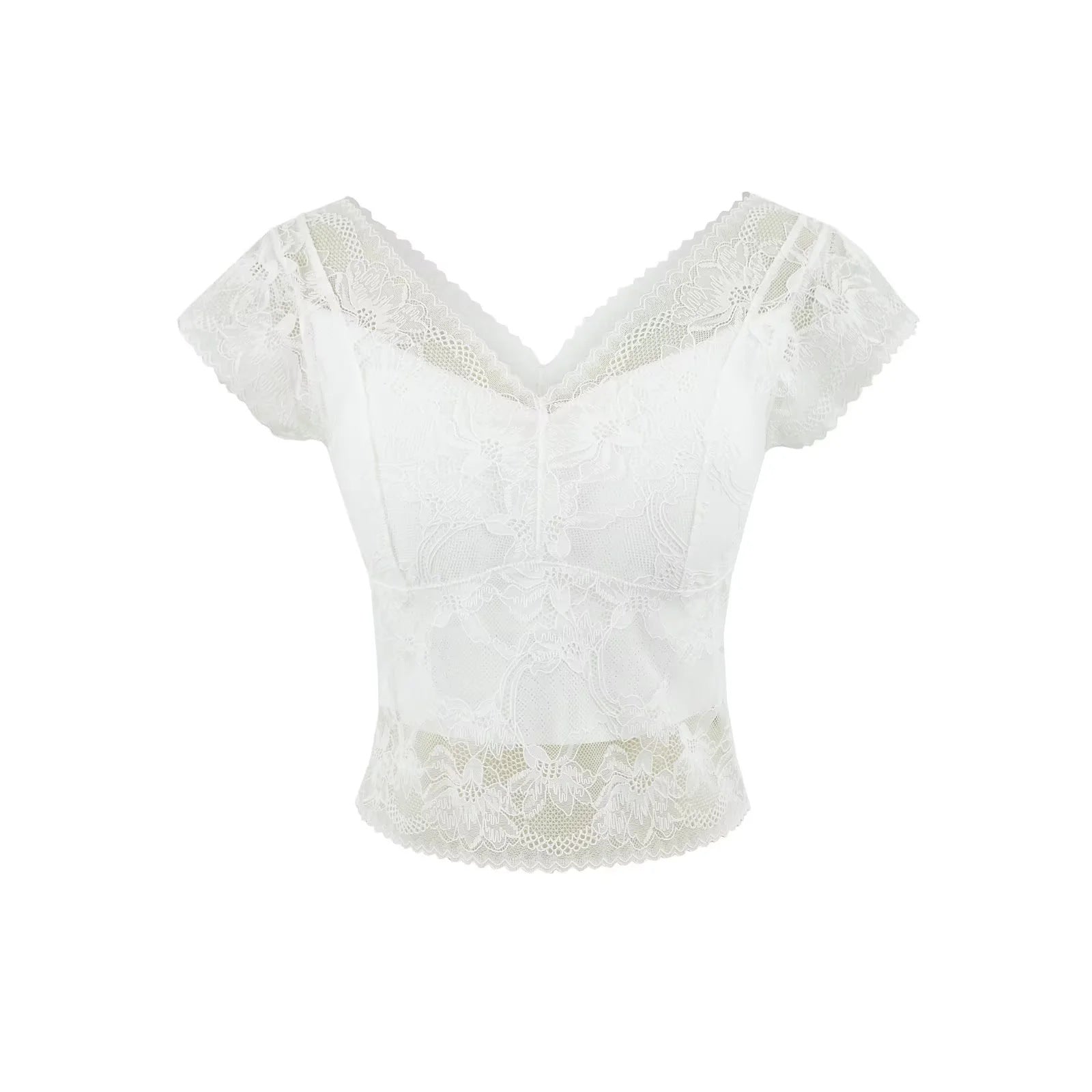 V-Neck Lace Top with Built-In Bra — No Bra Needed | Short Sleeve | White, Black & Apricot - BsBuy