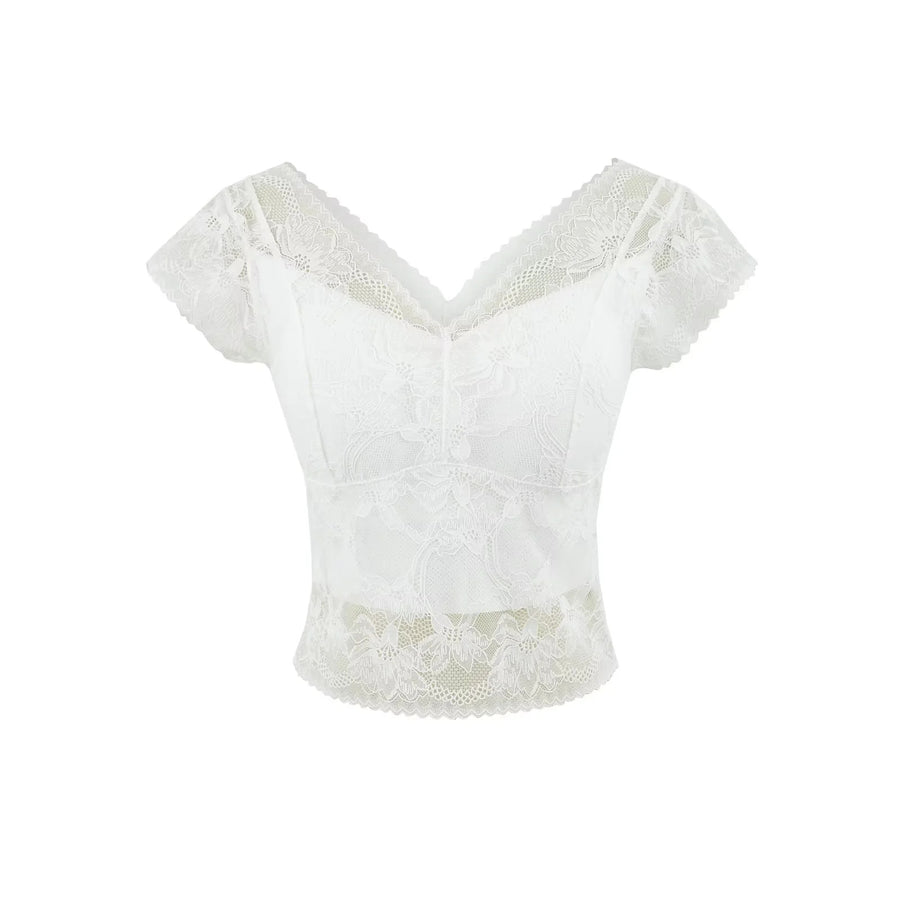 V-Neck Lace Top with Built-In Bra — No Bra Needed | Short Sleeve | White, Black & Apricot - BsBuy
