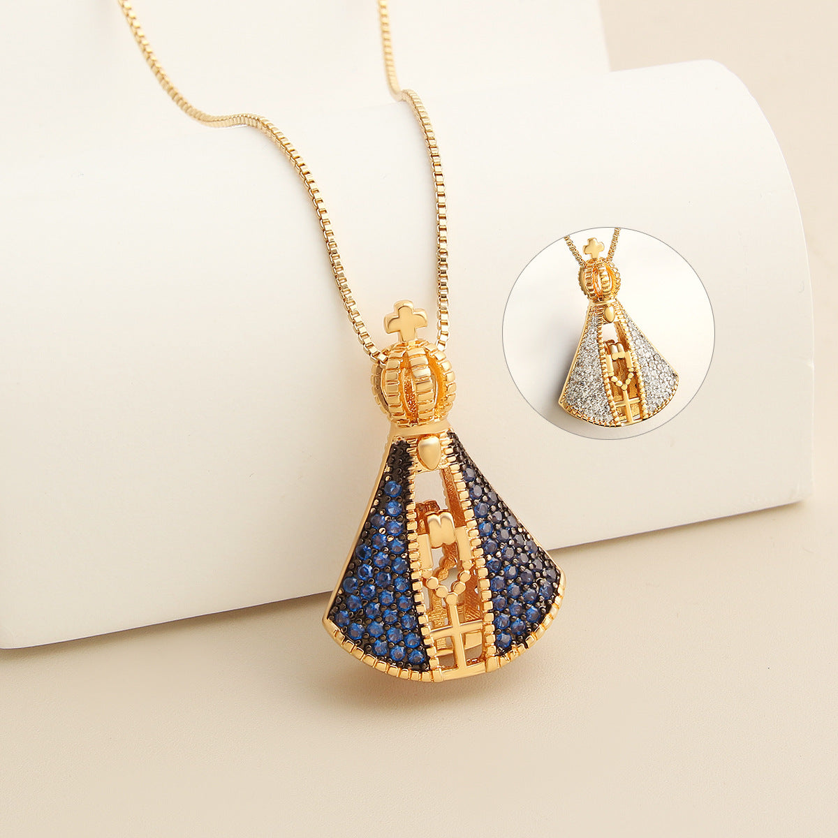 Double-Sided Madonna & Cross Necklace – Colourful Zircon Pendant on Adjustable Box Chain - BsBuy