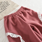 Cute Floral Trim Lantern Sleeve Top and Long Pants Fleece Set for GirlsTwo-Piece Outfit - BsBuy