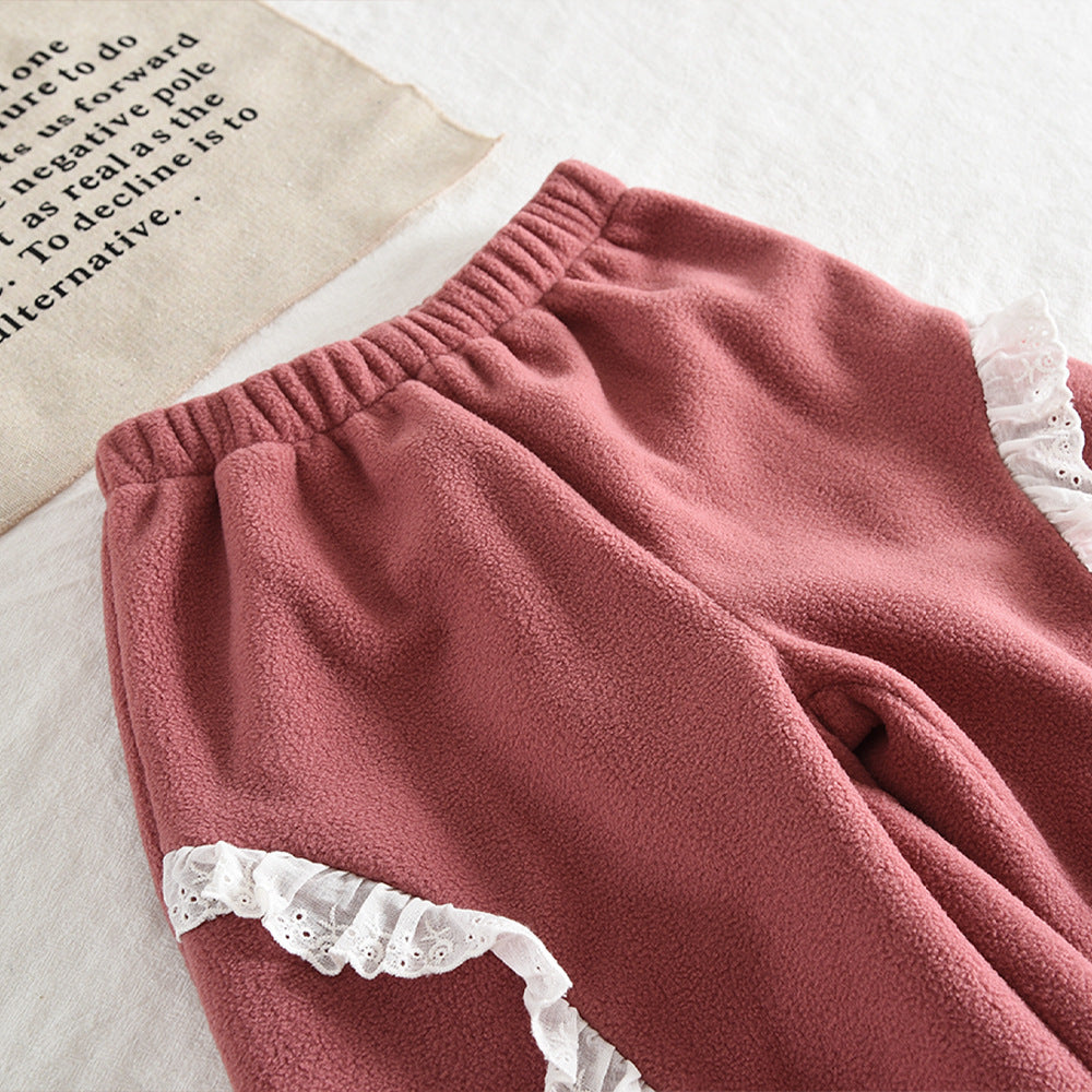 Cute Floral Trim Lantern Sleeve Top and Long Pants Fleece Set for GirlsTwo-Piece Outfit - BsBuy