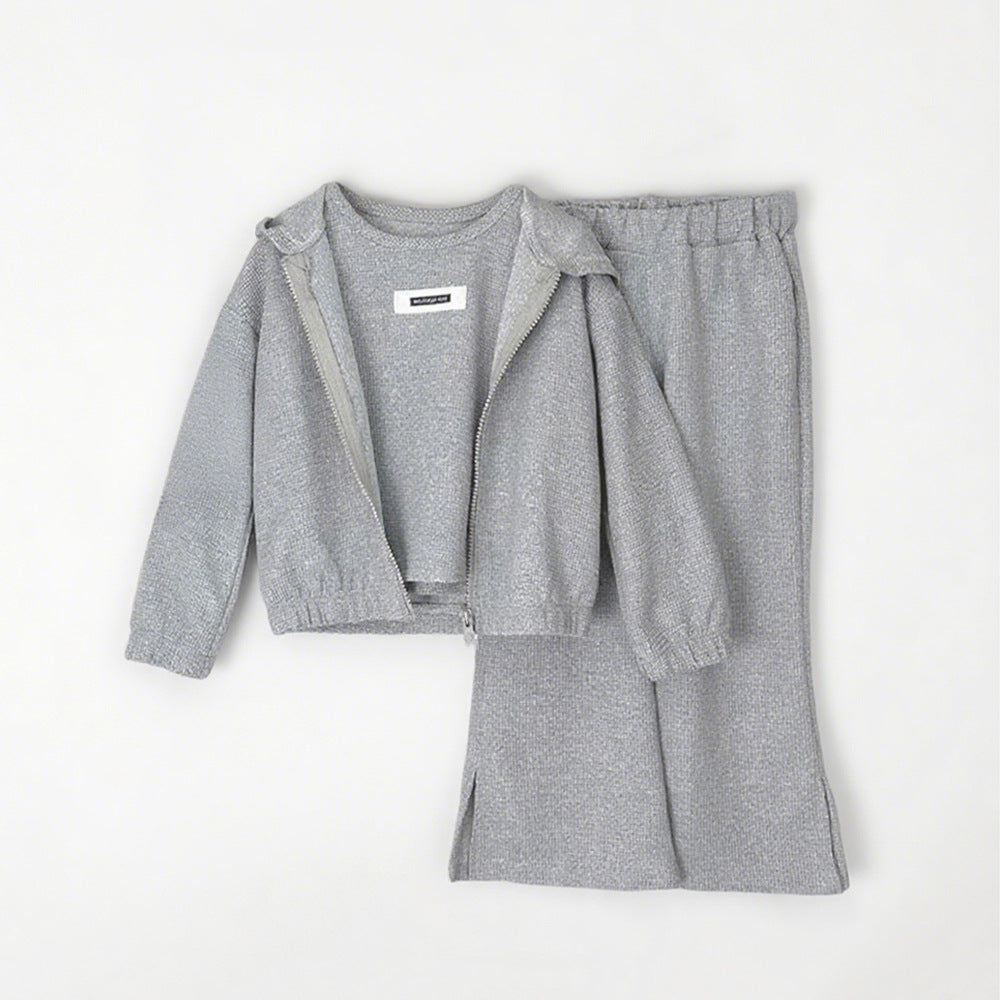Solid Color Long Sleeve Hooded Set for Girls, Three-Piece Outfit with Tank Top, Hoodie, and Flared Pants - BsBuy