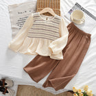 Fashionable Beige Ruched Bubble Sleeve Top with Brown Pants Two-Piece Set for Girls, Cotton Material - BsBuy