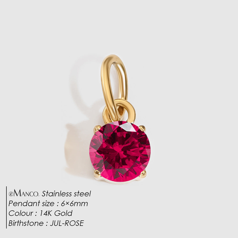 Birthstone Zircon Necklace Pendant — Stainless Steel Round Charm | 12 Months | Gold & Steel - BsBuy