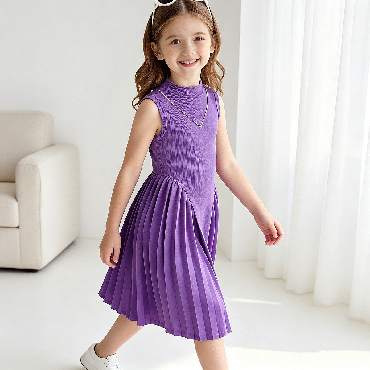 Charming Style Summer Pleated Spliced Waist-Cinching Sleeveless Dress with Necklace for Girls - BsBuy
