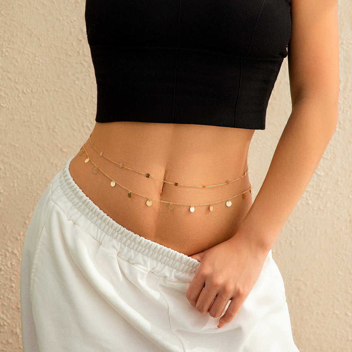 Luxe Double-Layered Waist Chain — Pearl & Geometric Sequin Body Jewellery - BsBuy