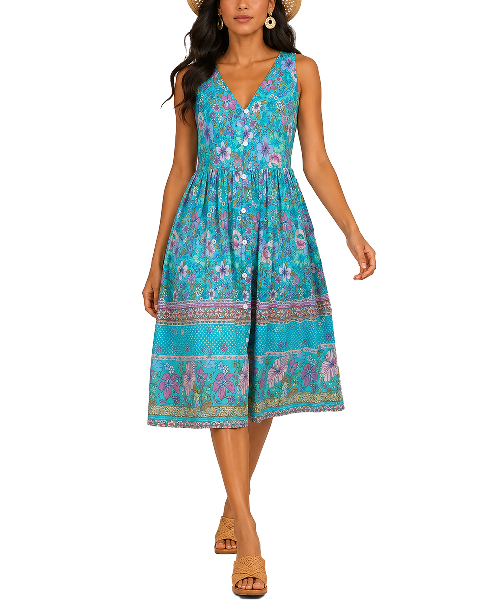 Women's Fashion Ethnic Style Blue Printed V-Neck Open Front Sleeveless Dress - BsBuy
