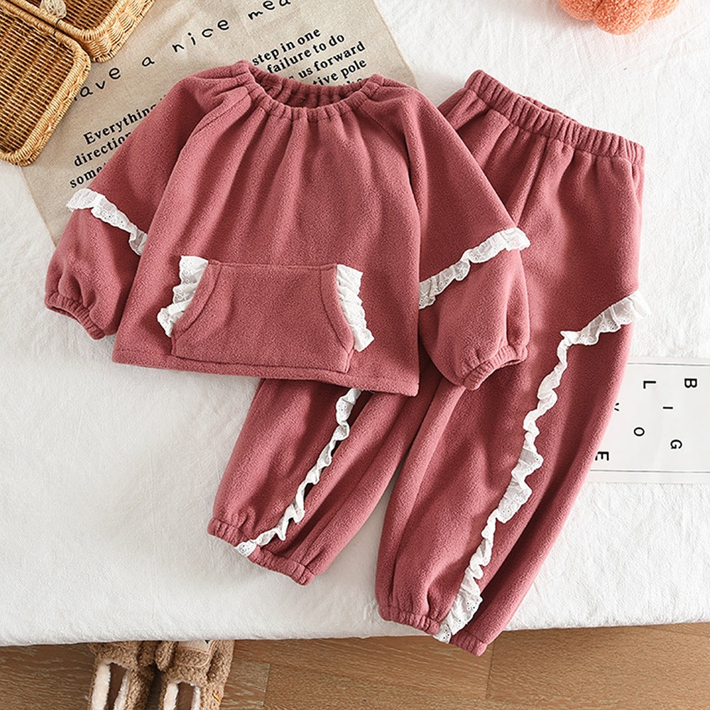 Cute Floral Trim Lantern Sleeve Top and Long Pants Fleece Set for GirlsTwo-Piece Outfit - BsBuy