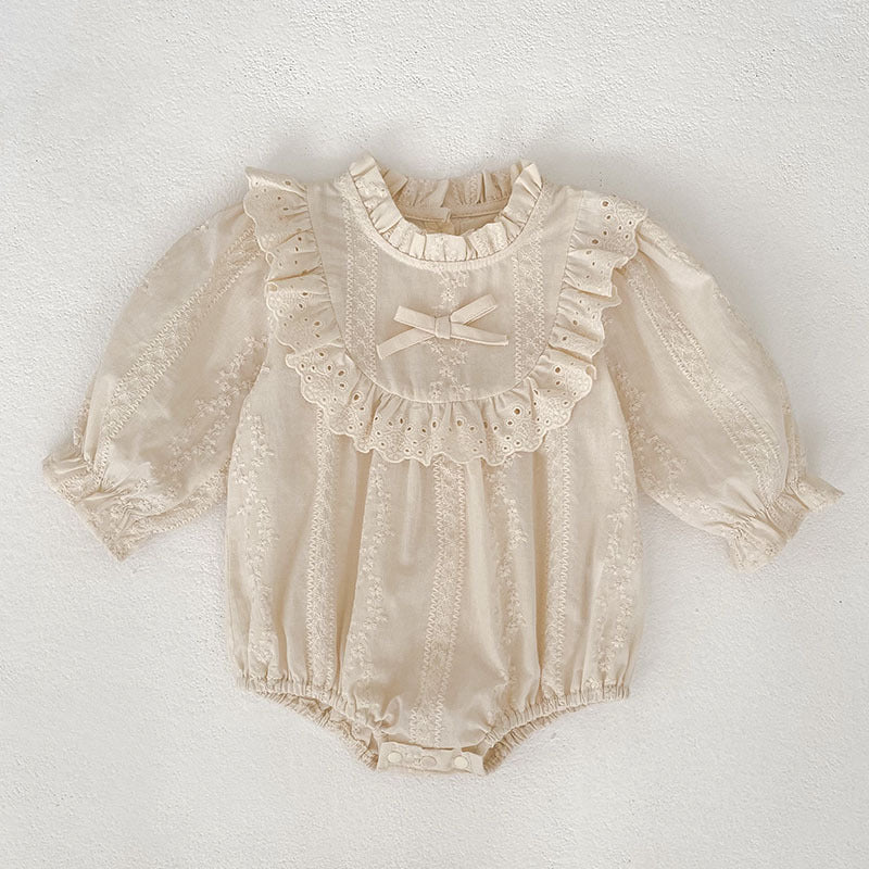 Spring and Autumn Baby Romper, Long Sleeve Embroidered Onesie with Lace Collar, Cotton Baby Outfit for Girls - BsBuy