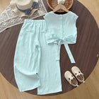 Casual Two-Piece Set for Girls Summer Sleeveless Top with Tie-Back Design and Straight-Leg Pants Mid to Large Size - BsBuy