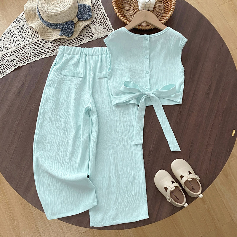 Casual Two-Piece Set for Girls Summer Sleeveless Top with Tie-Back Design and Straight-Leg Pants Mid to Large Size - BsBuy