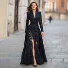 BsBuy Women's Lace Suit Collar Two-Piece Maxi Dress Set | High Waist | Long Sleeve | S–2XL