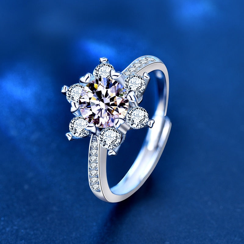 Snowflake Diamond-Style Crystal Sterling Silver Ring - BsBuy