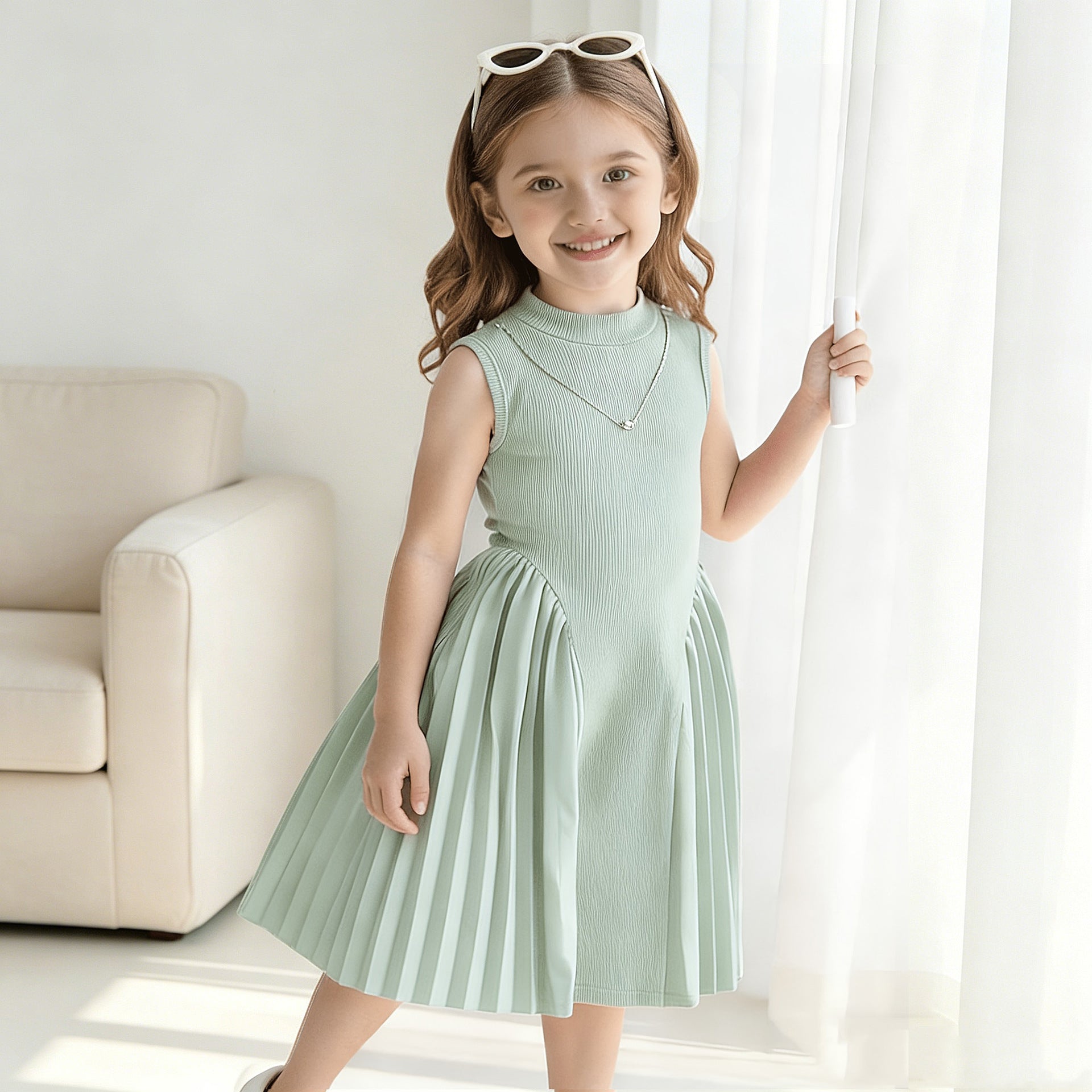 Charming Style Summer Pleated Spliced Waist-Cinching Sleeveless Dress with Necklace for Girls - BsBuy