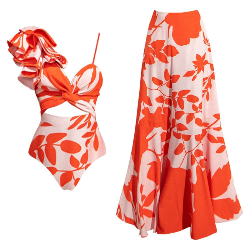 One-Shoulder Ruffle Swimsuit with Skirt — Printed Cut-Out One-Piece (S–XL) - BsBuy