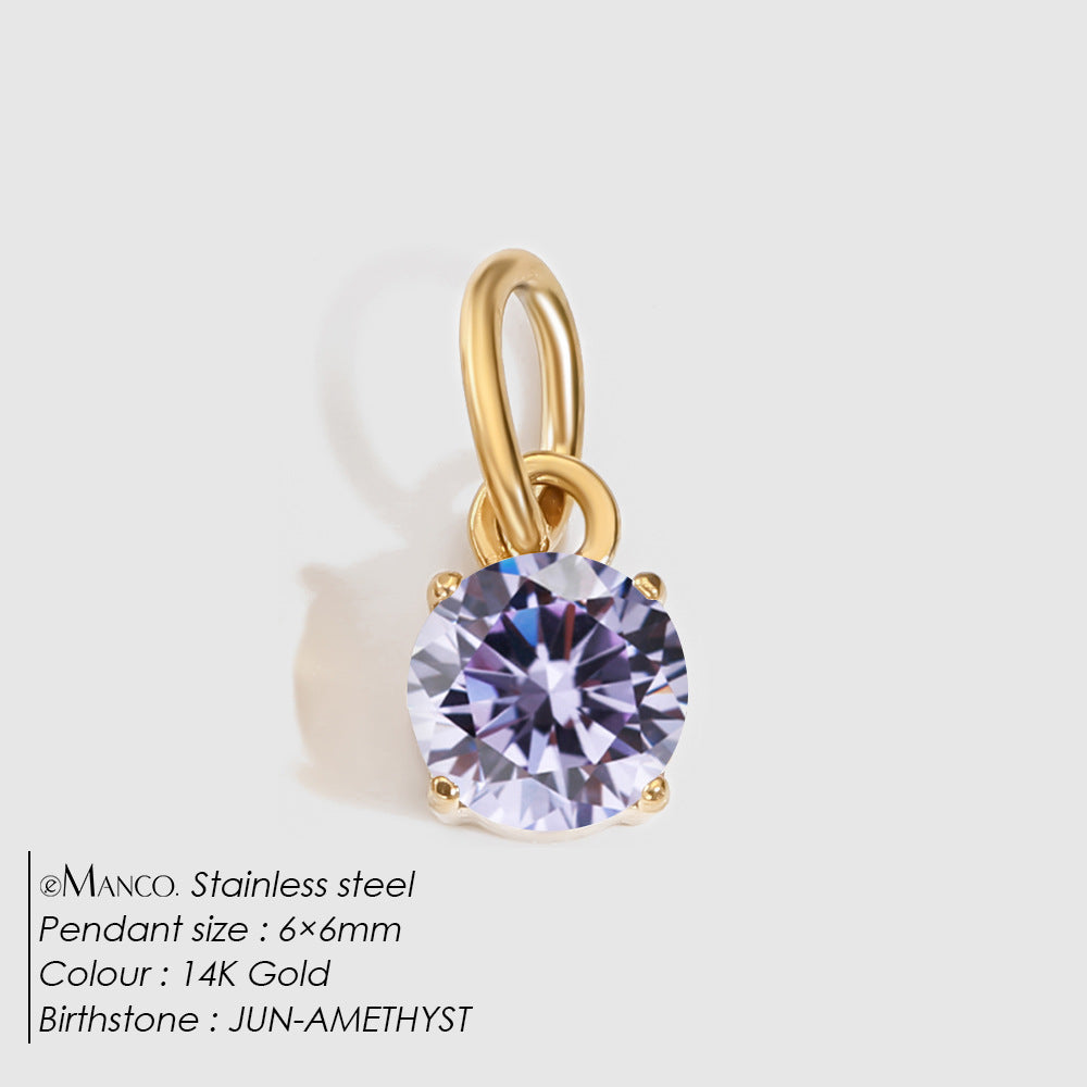 Birthstone Zircon Necklace Pendant — Stainless Steel Round Charm | 12 Months | Gold & Steel - BsBuy