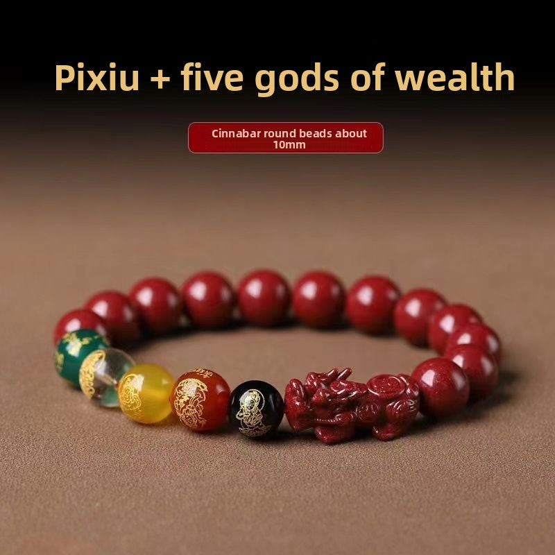 Five-Way Fortune God Cinnabar Bracelet with Beads - BsBuy