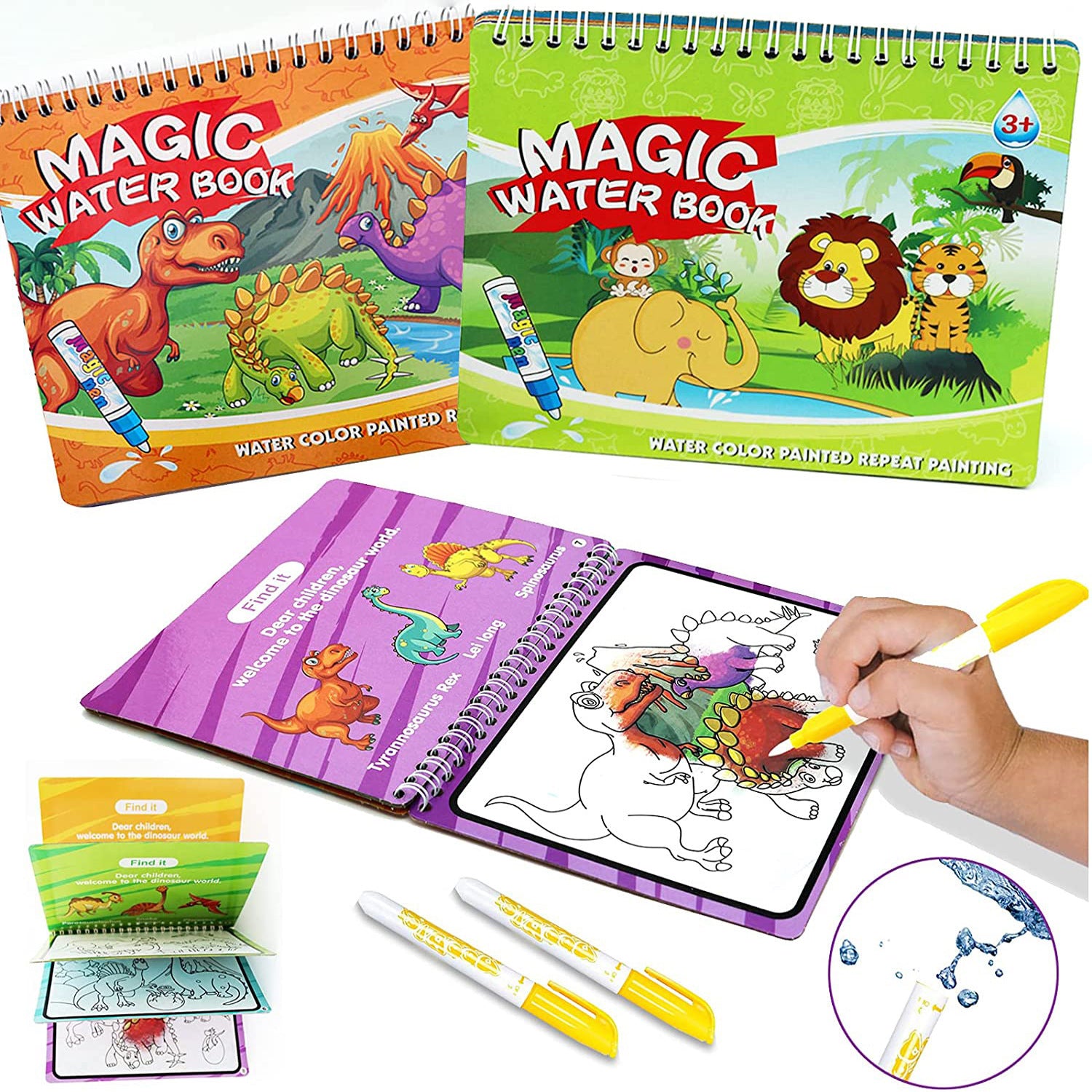 Children's Reusable Water Colouring Book | Dinosaur Park & Animal World | Ages 4–6 - BsBuy