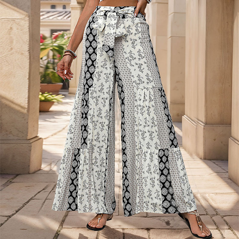 Womens Retro Floral Print Wide Leg Pants with Tie Waist