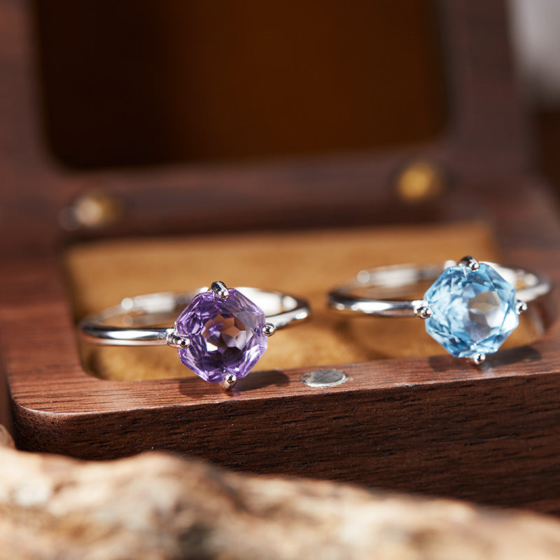 S925 Sterling Silver Octagonal Rose-Cut Gemstone Ring – Amethyst, Topaz & White Crystal | Adjustable Fit