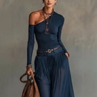 One-Shoulder Long Sleeve Maxi Dress – Elegant A-Line Draped Casual Dress | Navy Blue | XS–XXL - BsBuy