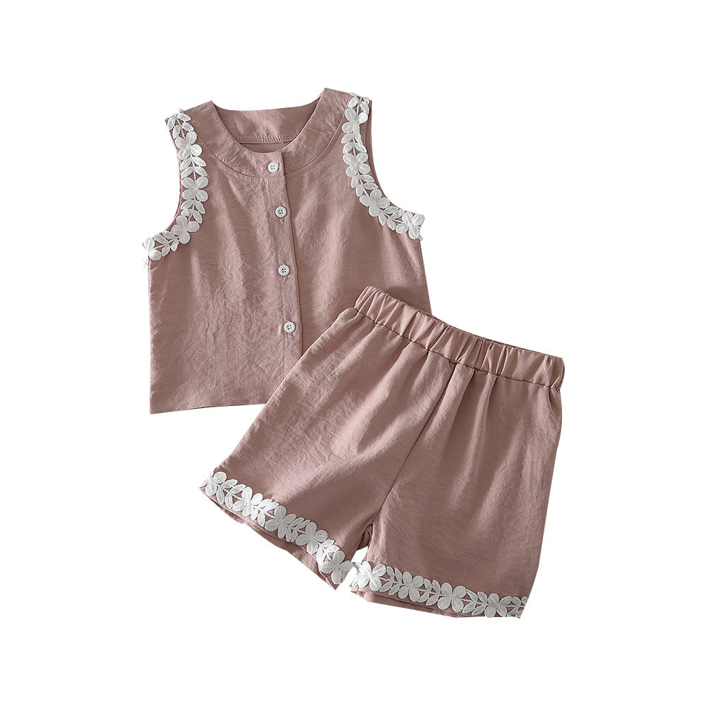 Cute Summer Outfit for Girls, Floral Trim Sleeveless Top and Shorts Set Children's Clothing - BsBuy