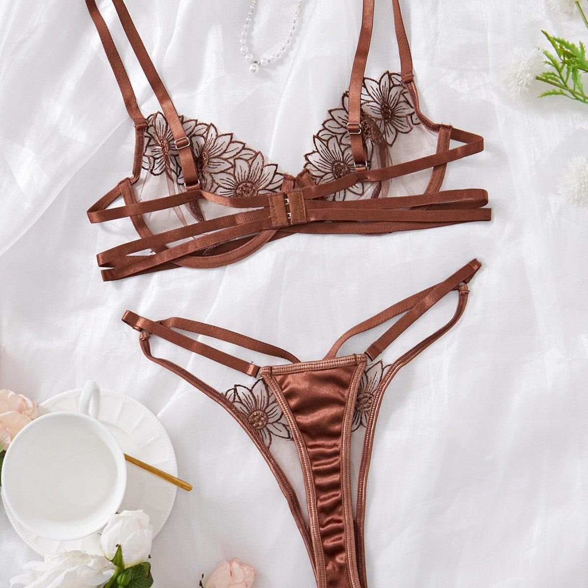 Embroidered Sexy Bra Women's Delicate Mesh Bra Comfortable Cotton Crotch Hollow Out Tempting Thong Set - BsBuy