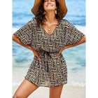 Geometric print V-neck waist cinching drawstring swimsuit - BsBuy