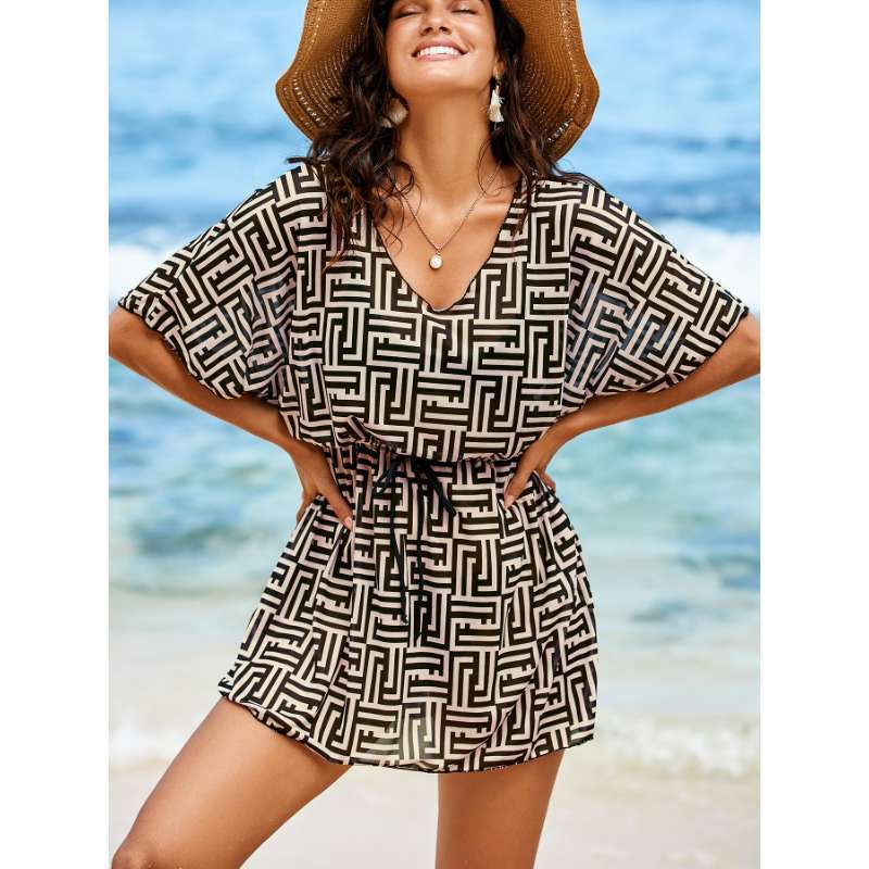 Geometric print V-neck waist cinching drawstring swimsuit - BsBuy