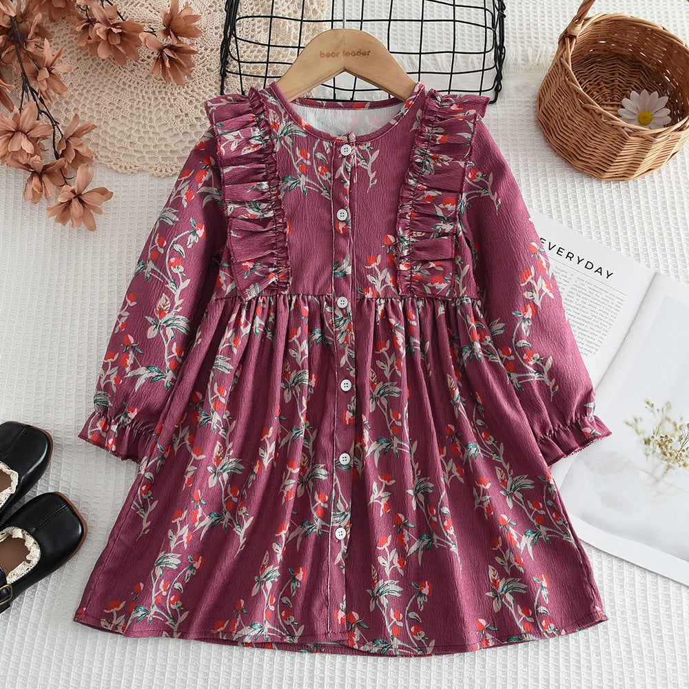 Ruffle Floral Long Sleeve Pullover Dress for Girls Casual Chic Children's Dress - BsBuy