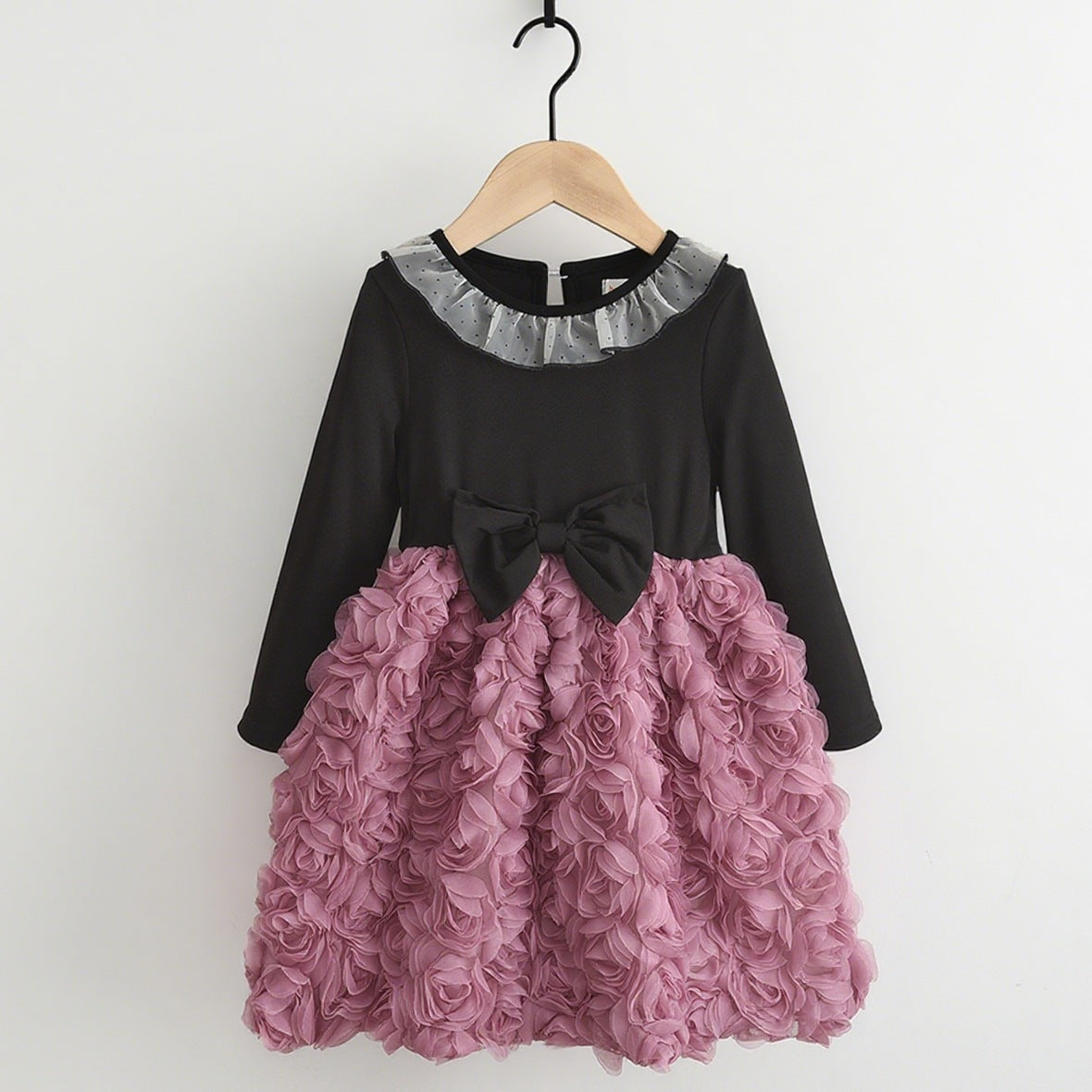 Girls Autumn Princess Dress – Rose Pattern, Large Bow & Long Sleeve - BsBuy