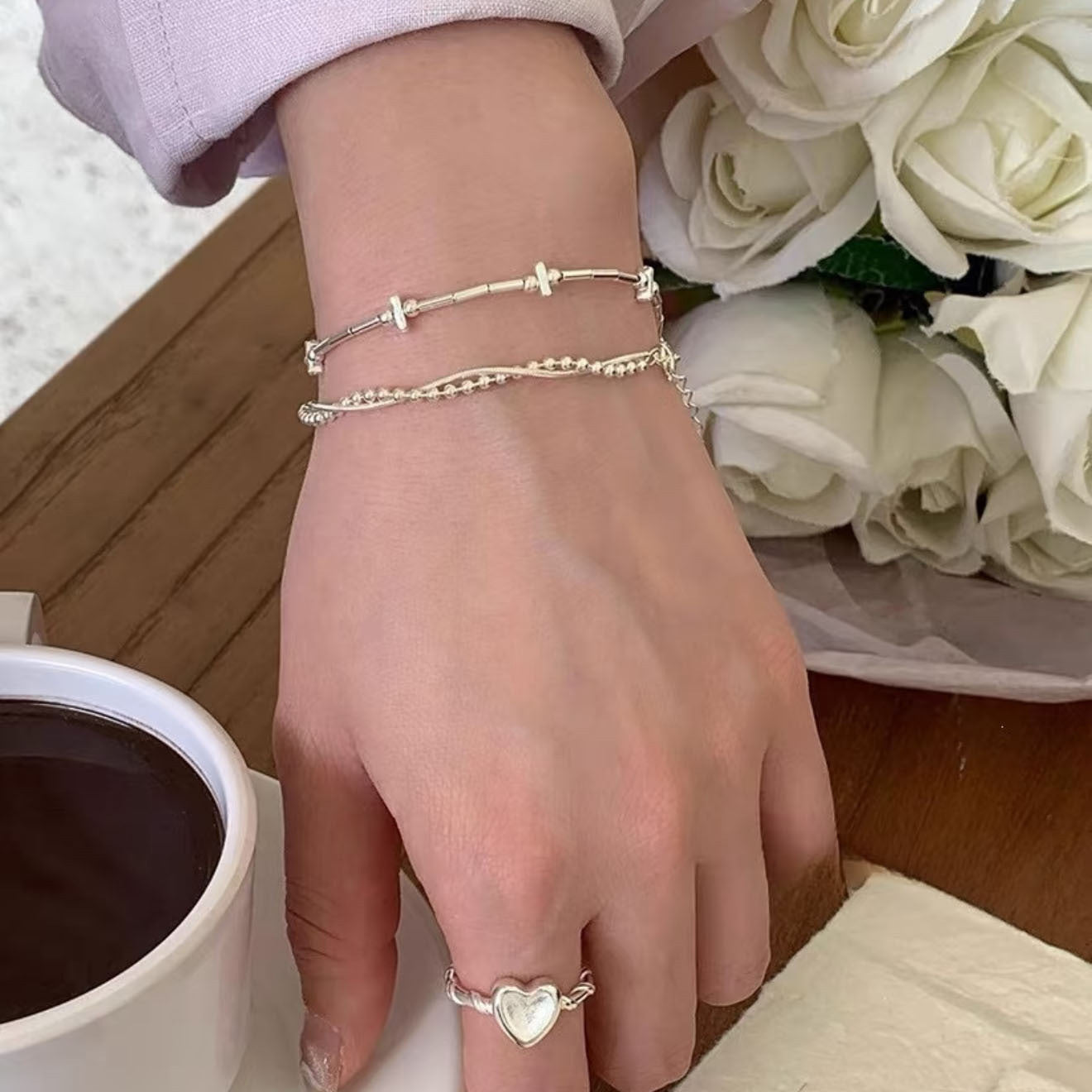 Sterling Silver Double-Layer Bead Bracelet | S925 | Korean Minimalist - BsBuy