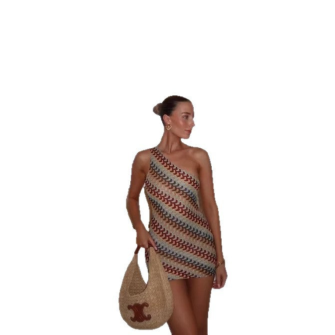 Slim-Fit Yarn-Dyed Diagonal Collar Stretch Dress for Women