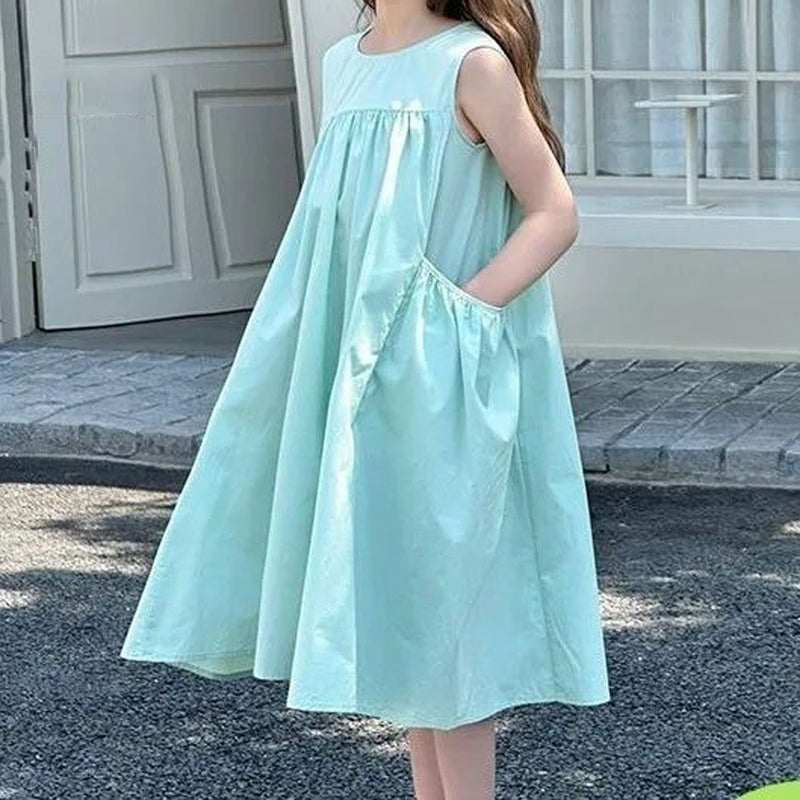Fresh Mint Color Sleeveless Cotton Cool-Feeling A-Line Princess Dress - BsBuy