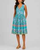 Women's Fashion Ethnic Style Blue Printed V-Neck Open Front Sleeveless Dress - BsBuy