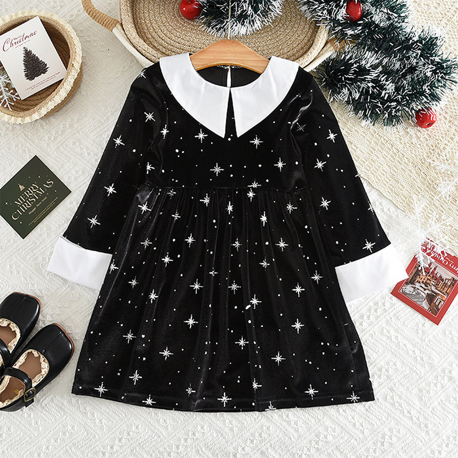 Clothing  Elegant Velvet Long Sleeve Dress with Glitter Star Print, Turn-Down Collar Princess Cut, Children's Formal Dress - BsBuy