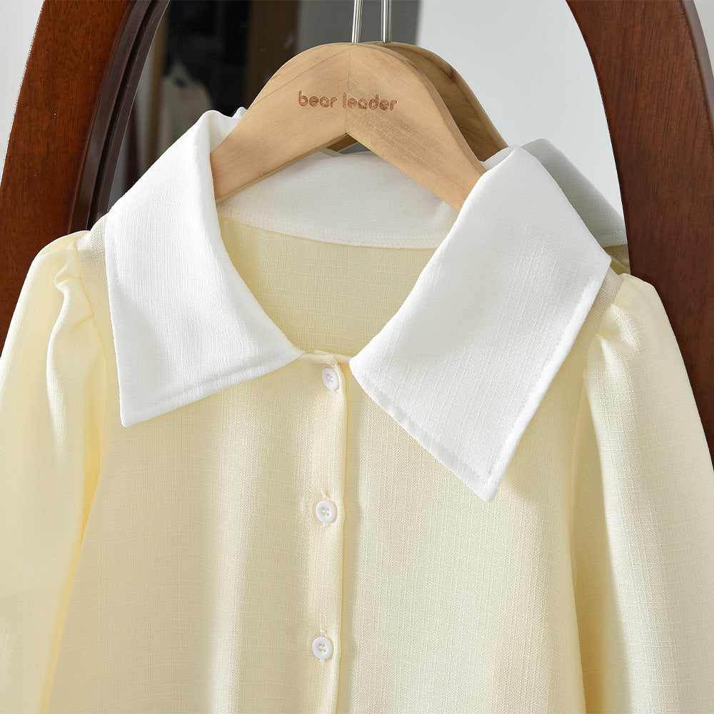 Simple Long Sleeve White Collar Pleated Dress with Belt for Girls ndashA-Line Dress - BsBuy