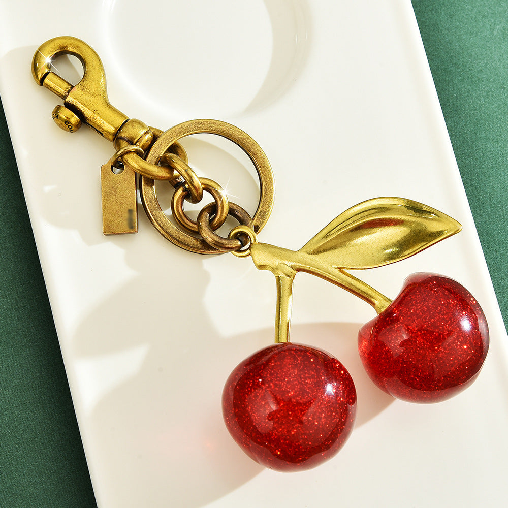 Crystal Cherry Keychain Bag Charm — Gold-Plated Alloy Luggage Pendant | Red & Pink - BsBuy
