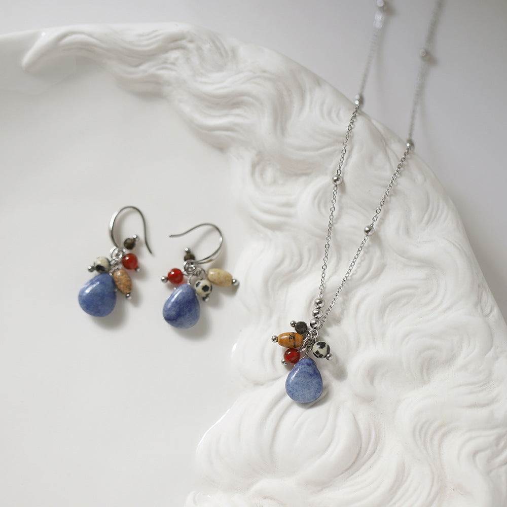 Natural Stone Necklace & Earrings Set – Retro Ethnic Teardrop Jewellery in Titanium Steel - BsBuy