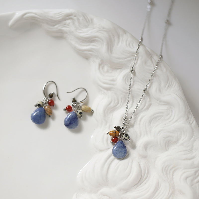 Natural Stone Necklace & Earrings Set – Retro Ethnic Teardrop Jewellery in Titanium Steel - BsBuy