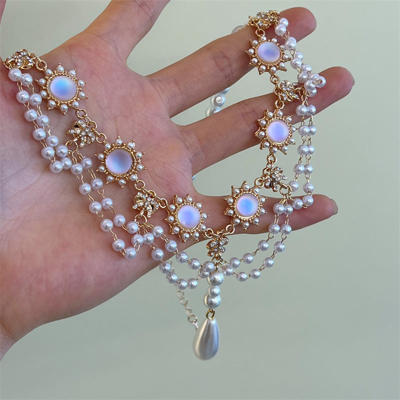 Palace Style Pearl Tassel Necklace Cat Eye Pearl Diamond Clavicle Chain Lolita Jewelry