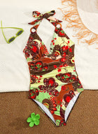 Split swimsuit women's print tight backless deep V-neck - BsBuy