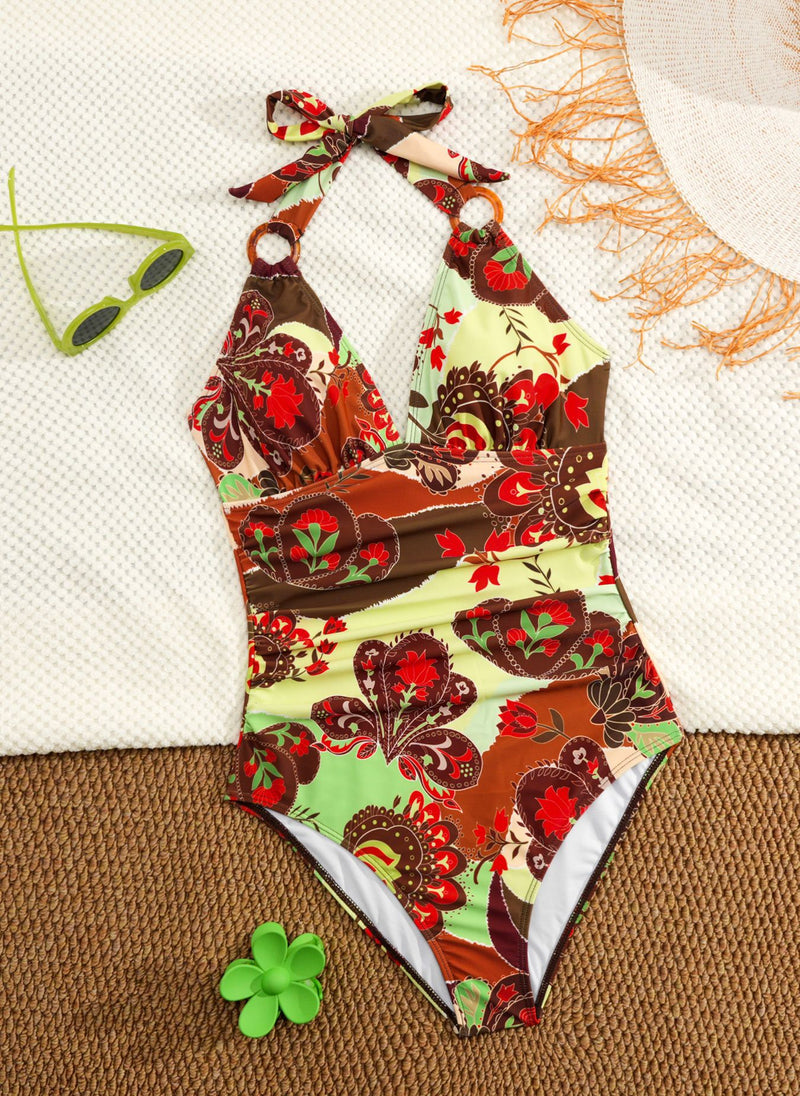 Split swimsuit women's print tight backless deep V-neck - BsBuy