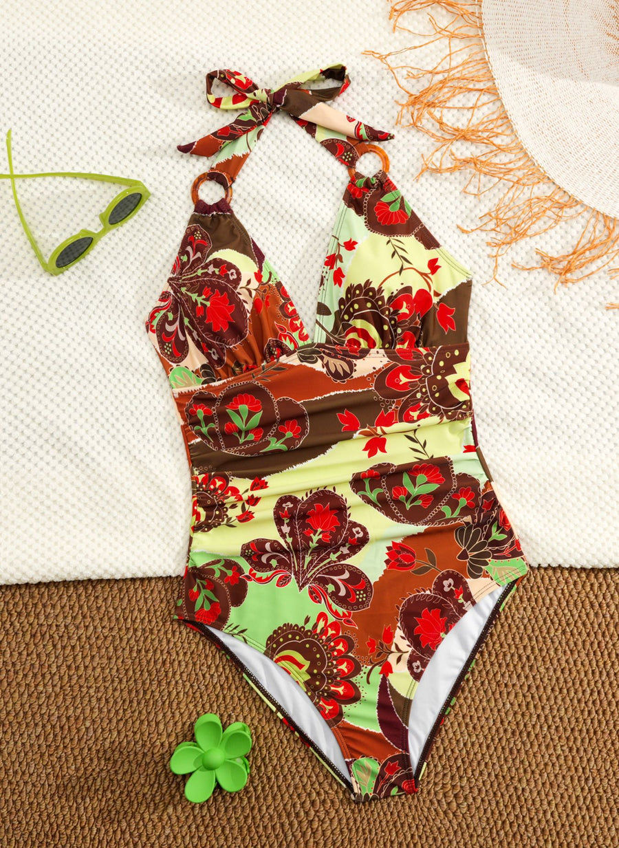 Split swimsuit women's print tight backless deep V-neck - BsBuy