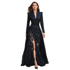 BsBuy Women's Lace Suit Collar Two-Piece Maxi Dress Set | High Waist | Long Sleeve | S–2XL