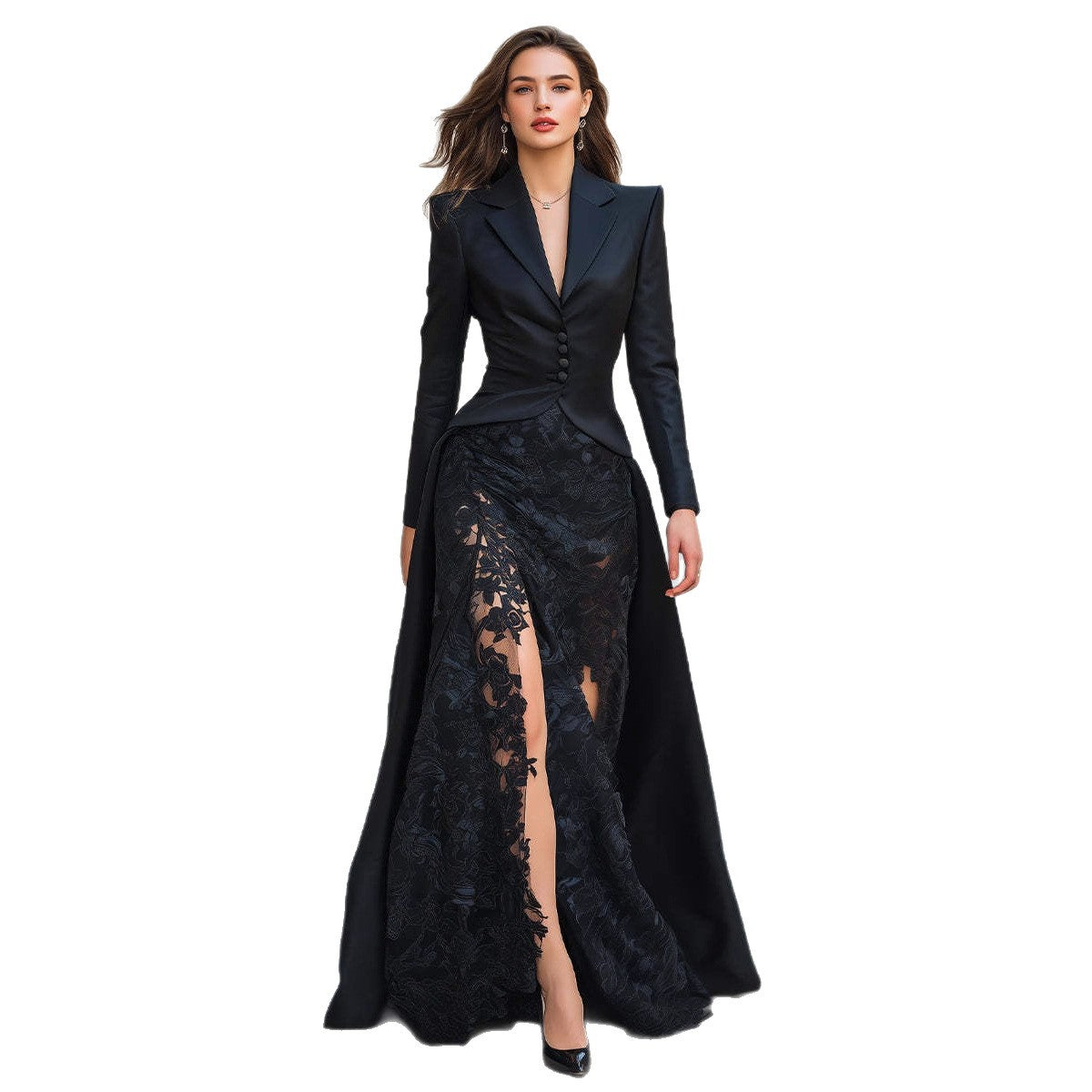 BsBuy Women's Lace Suit Collar Two-Piece Maxi Dress Set | High Waist | Long Sleeve | S–2XL