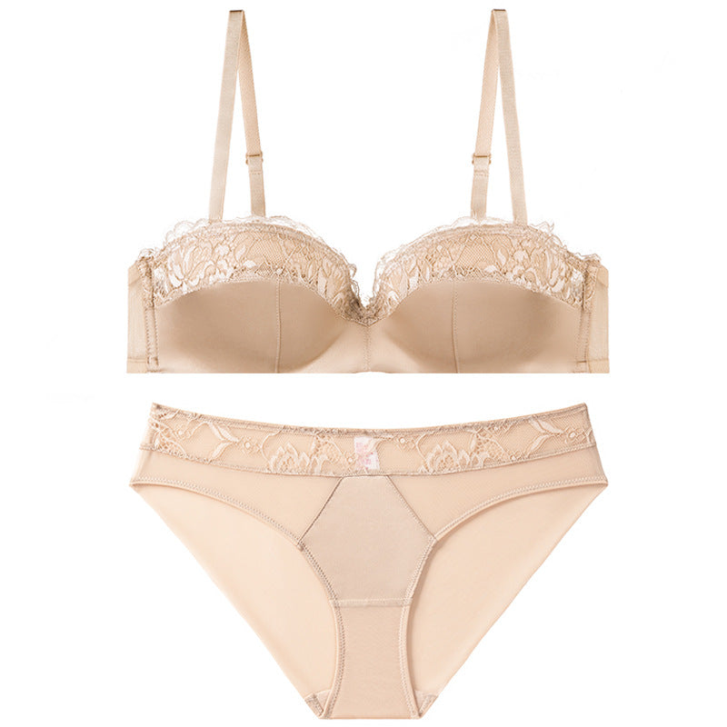 French Half-Cup Lace Gathering Bra Set — Seamless Smooth, Lift & Comfort | Pink, Nude, Red & Black - BsBuy